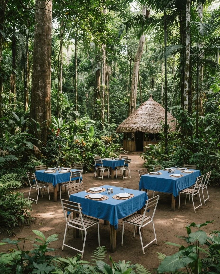Tables dressées à l'ombre des arbres, devant une case au toit de chaume